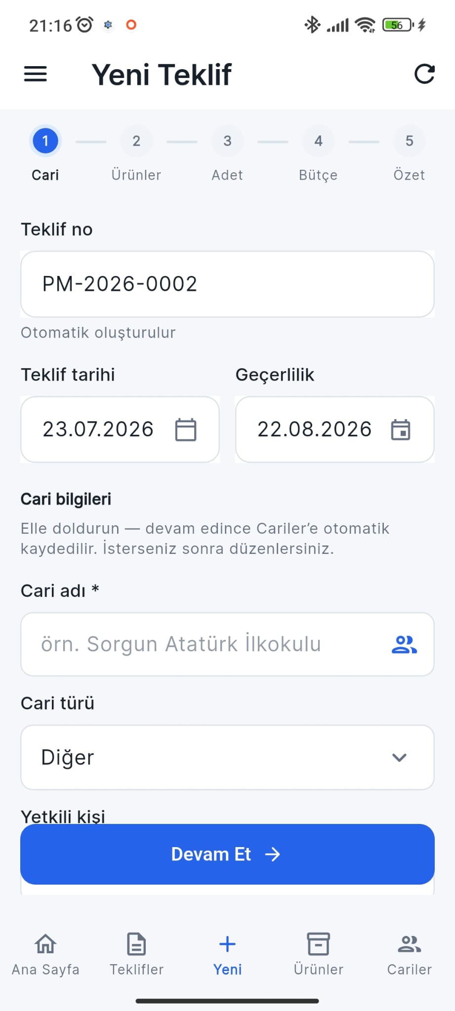 Prof Mobil Yeni Teklif ekranı