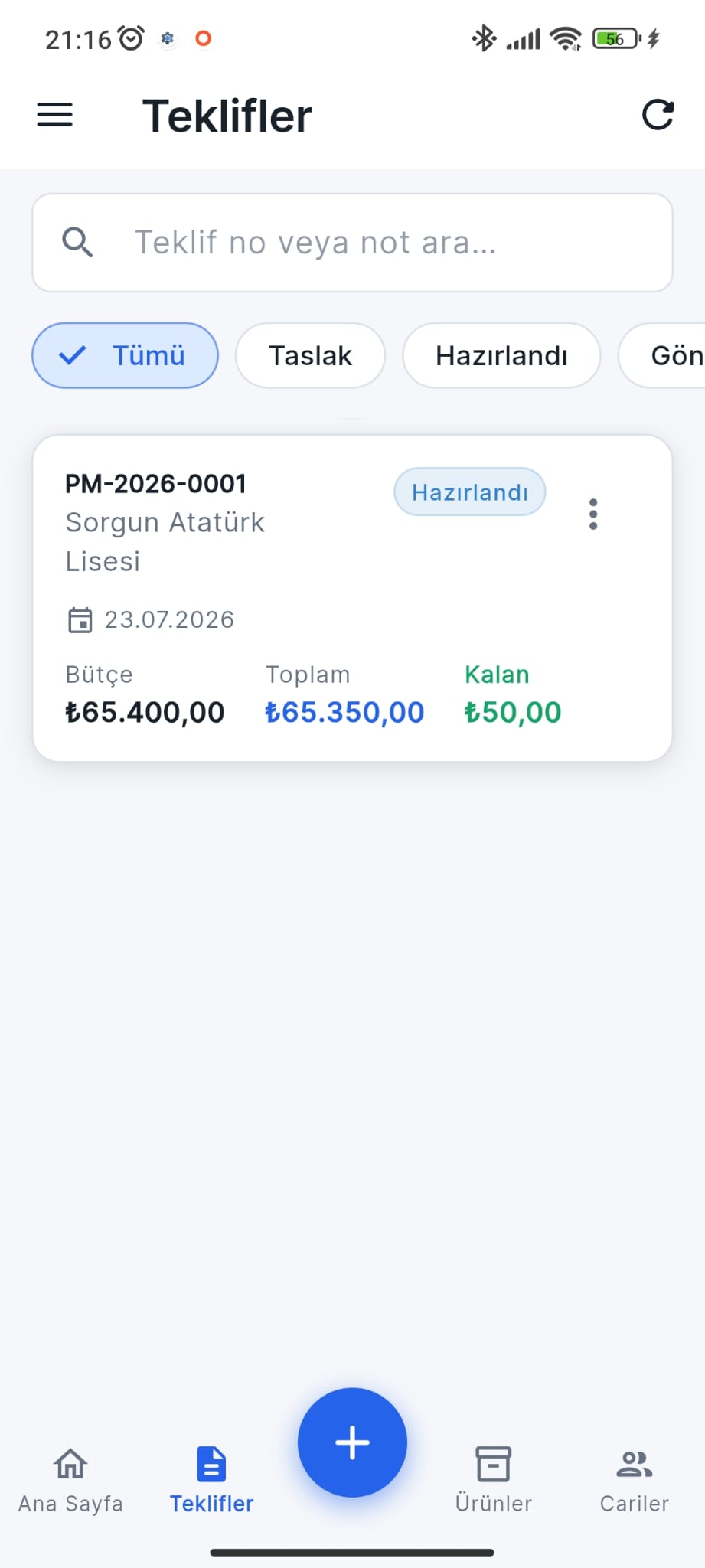 Teklifler ekranı